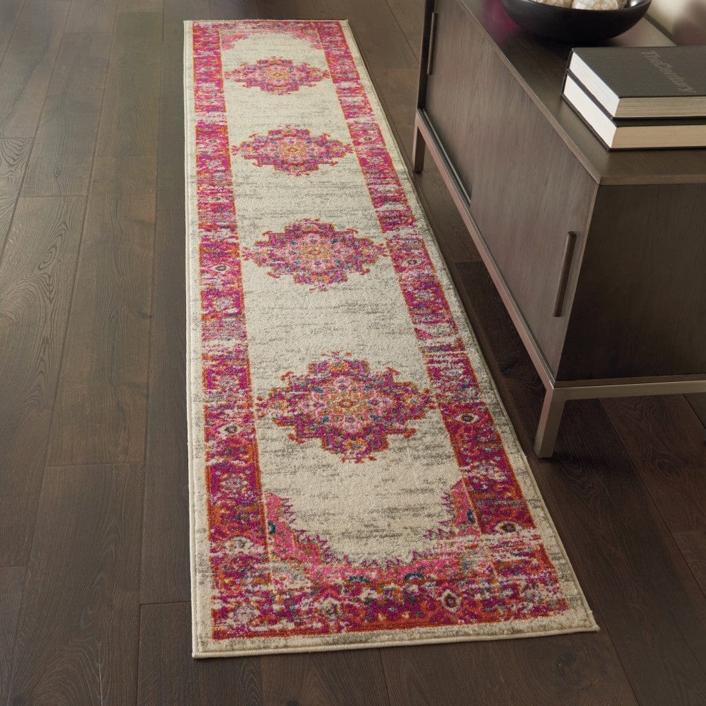 2’ X 6' Ivory And Fuchsia Distressed Runner Rug