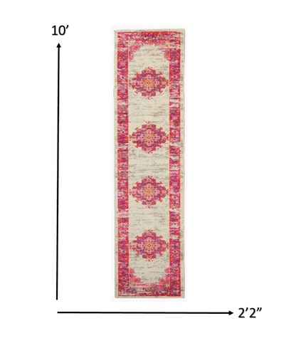 2’ X 6' Ivory And Fuchsia Distressed Runner Rug