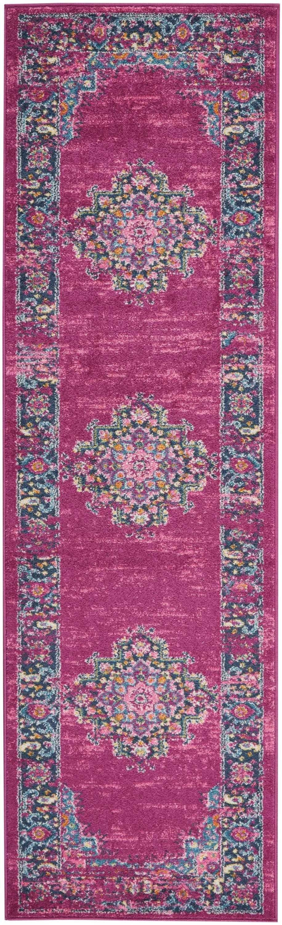 2’ X 10’ Fuchsia And Blue Distressed Runner Rug