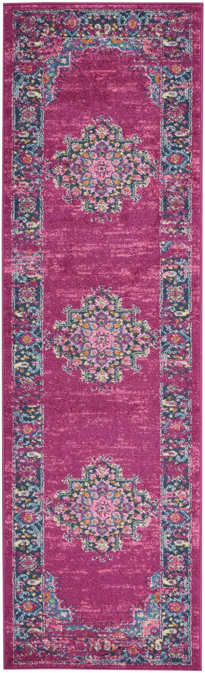 2’ X 10’ Fuchsia And Blue Distressed Runner Rug