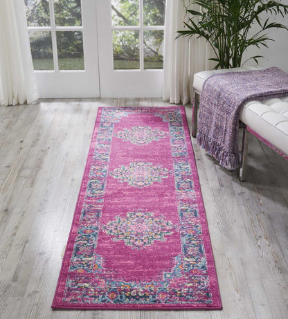 2’ X 10’ Fuchsia And Blue Distressed Runner Rug