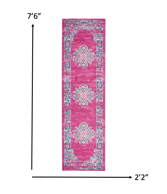 2’ X 10’ Fuchsia And Blue Distressed Runner Rug