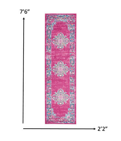 2’ X 10’ Fuchsia And Blue Distressed Runner Rug