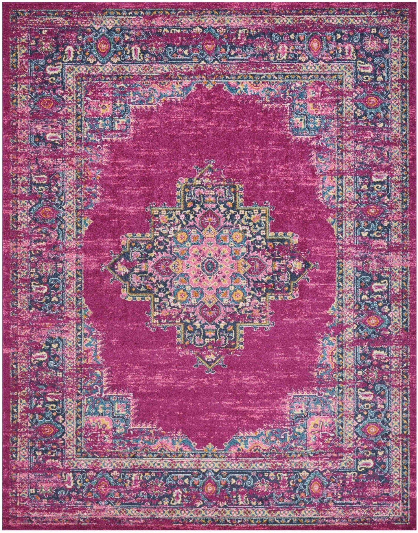 2’ X 10’ Fuchsia And Blue Distressed Runner Rug