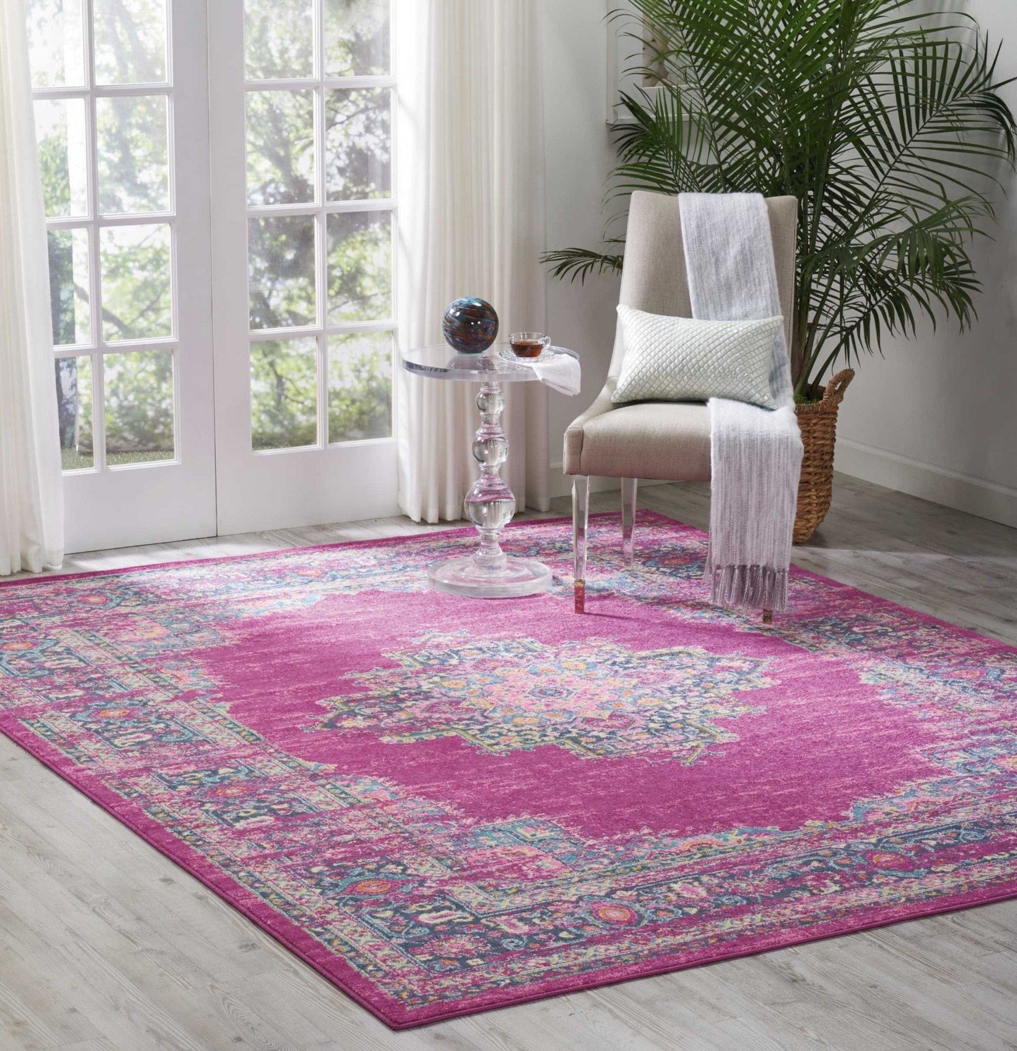 2’ X 10’ Fuchsia And Blue Distressed Runner Rug