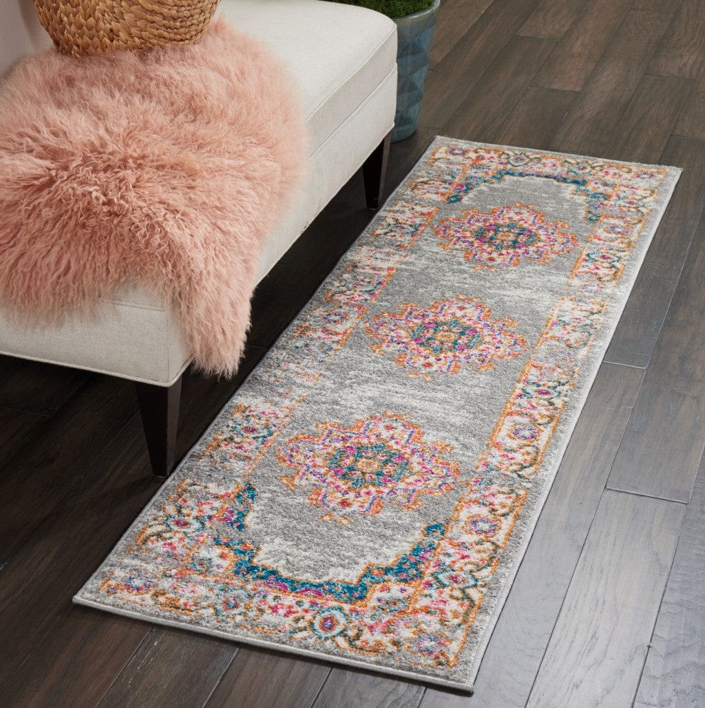 2’ X 10’ Gray And Gold Medallion Runner Rug