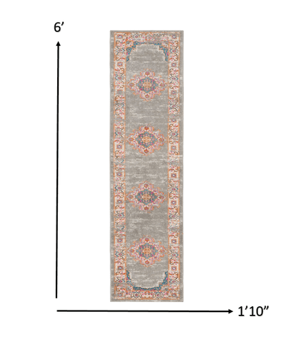 2’ X 10’ Gray And Gold Medallion Runner Rug