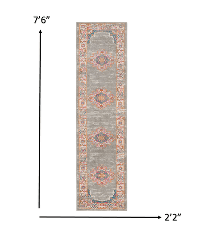 2’ X 10’ Gray And Gold Medallion Runner Rug