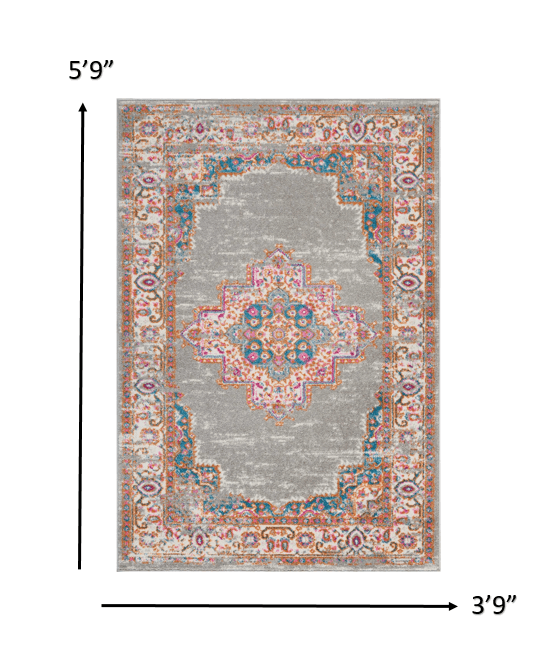 4’ Round Gray And Gold Medallion Area Rug