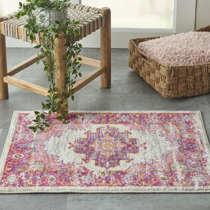 2’ X 6' Ivory And Fuchsia Distressed Runner Rug