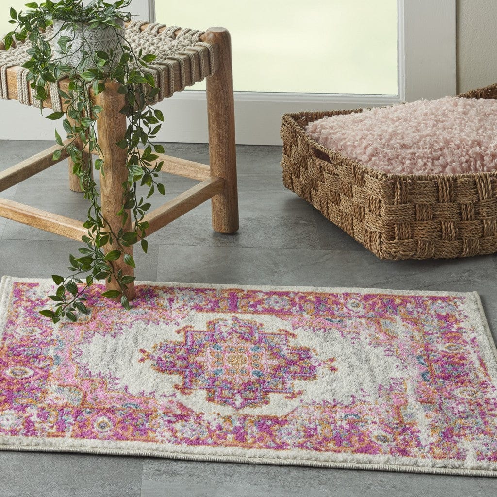 2’ X 6' Ivory And Fuchsia Distressed Runner Rug