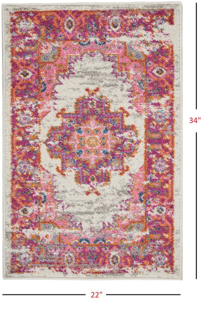 2’ X 6' Ivory And Fuchsia Distressed Runner Rug