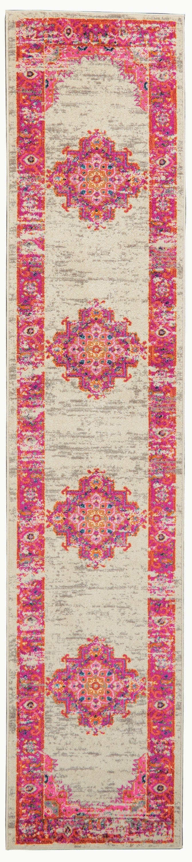 2’ X 6' Ivory And Fuchsia Distressed Runner Rug
