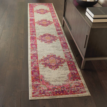 2’ X 6' Ivory And Fuchsia Distressed Runner Rug