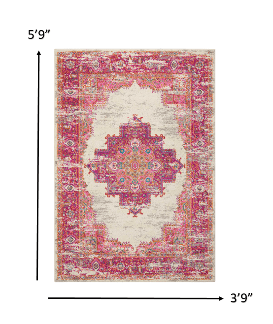 2’ X 6' Ivory And Fuchsia Distressed Runner Rug