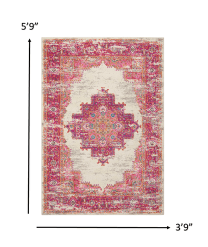 2’ X 6' Ivory And Fuchsia Distressed Runner Rug