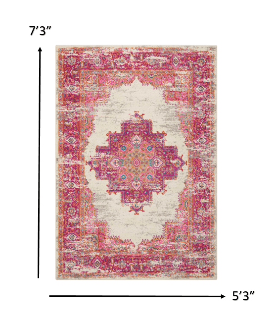 2’ X 6' Ivory And Fuchsia Distressed Runner Rug
