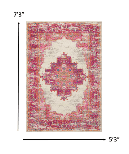 2’ X 6' Ivory And Fuchsia Distressed Runner Rug