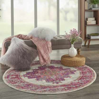 2’ X 6' Ivory And Fuchsia Distressed Runner Rug