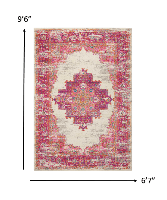 2’ X 6' Ivory And Fuchsia Distressed Runner Rug
