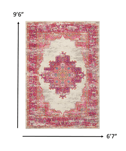 2’ X 6' Ivory And Fuchsia Distressed Runner Rug
