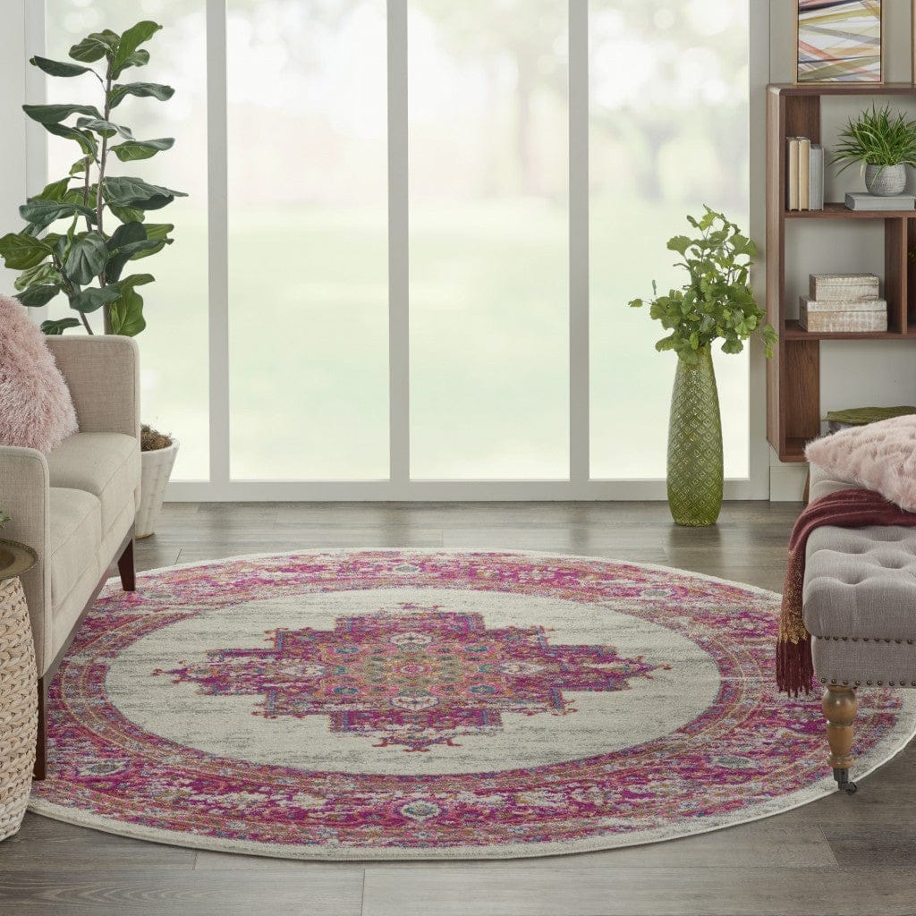 2’ X 6' Ivory And Fuchsia Distressed Runner Rug