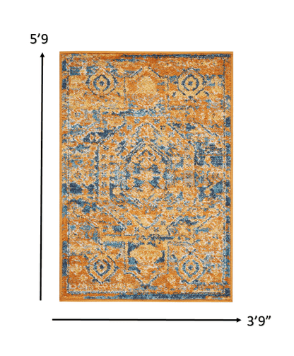 4’ X 6’ Gold And Blue Antique Area Rug