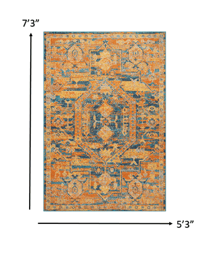 4’ X 6’ Gold And Blue Antique Area Rug