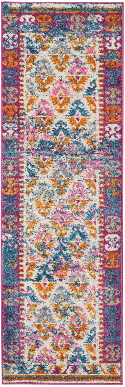 2’ X 6’ Ivory And Magenta Tribal Pattern Runner Rug