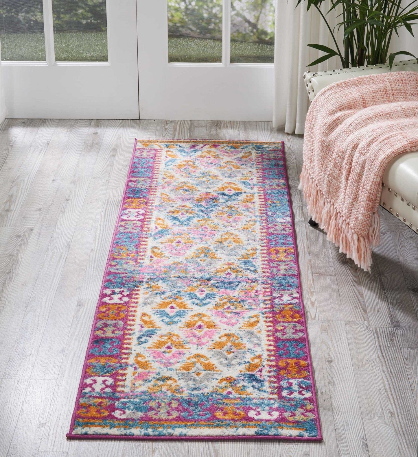 2’ X 6’ Ivory And Magenta Tribal Pattern Runner Rug