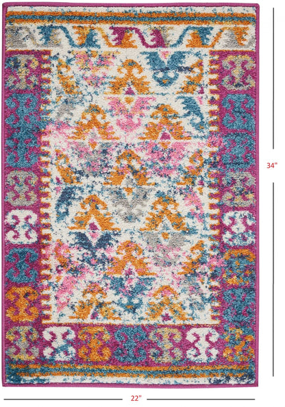 2’ X 6’ Ivory And Magenta Tribal Pattern Runner Rug
