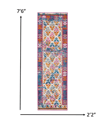 2’ X 6’ Ivory And Magenta Tribal Pattern Runner Rug