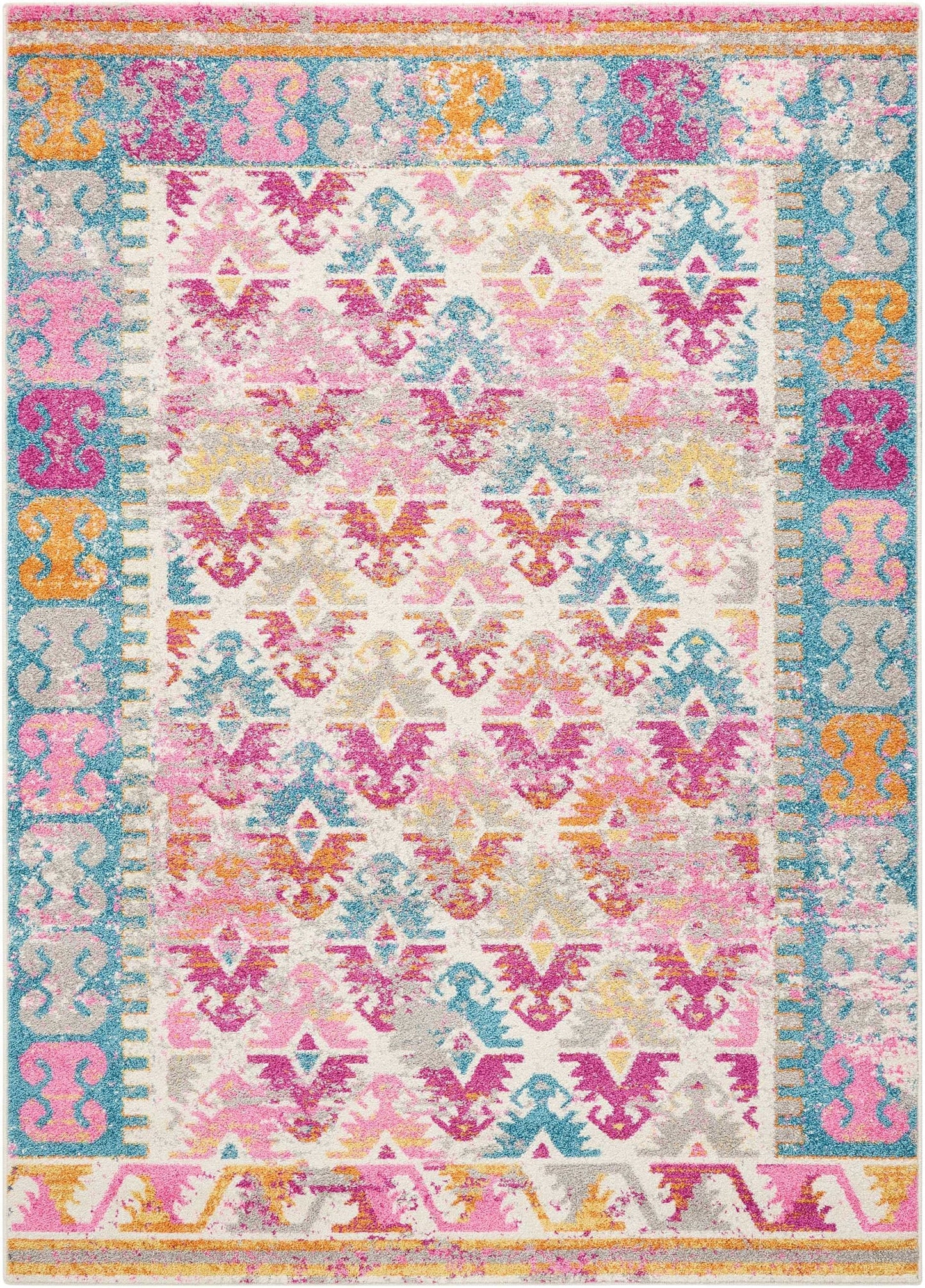 2’ X 6’ Ivory And Magenta Tribal Pattern Runner Rug