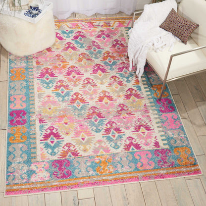 2’ X 6’ Ivory And Magenta Tribal Pattern Runner Rug