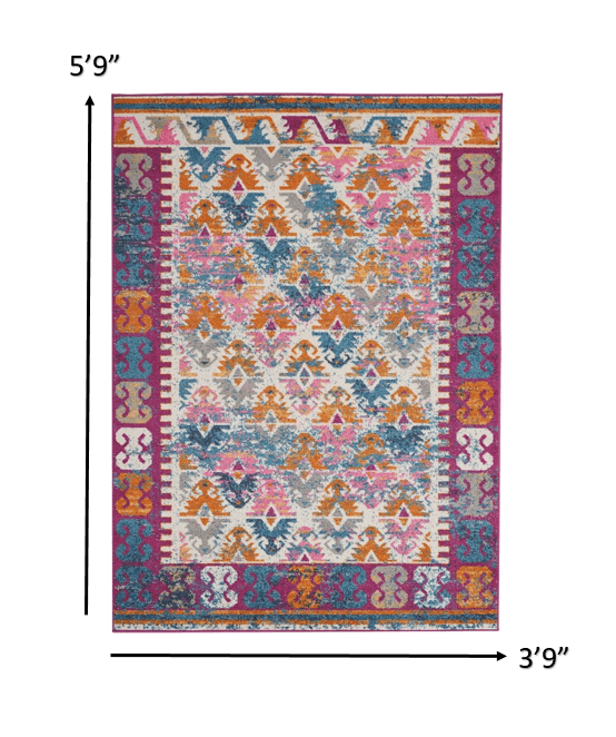 2’ X 6’ Ivory And Magenta Tribal Pattern Runner Rug
