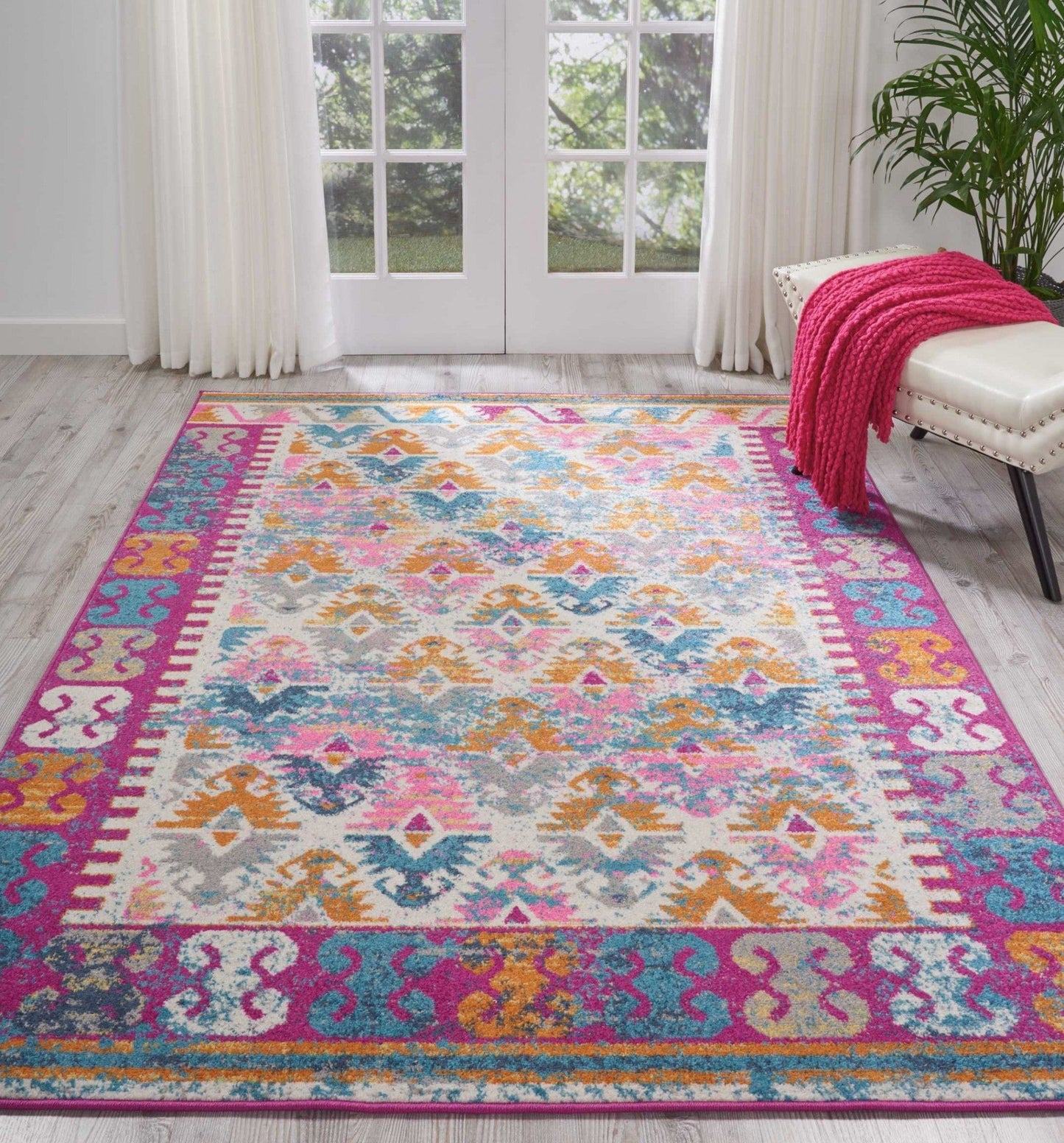 2’ X 6’ Ivory And Magenta Tribal Pattern Runner Rug