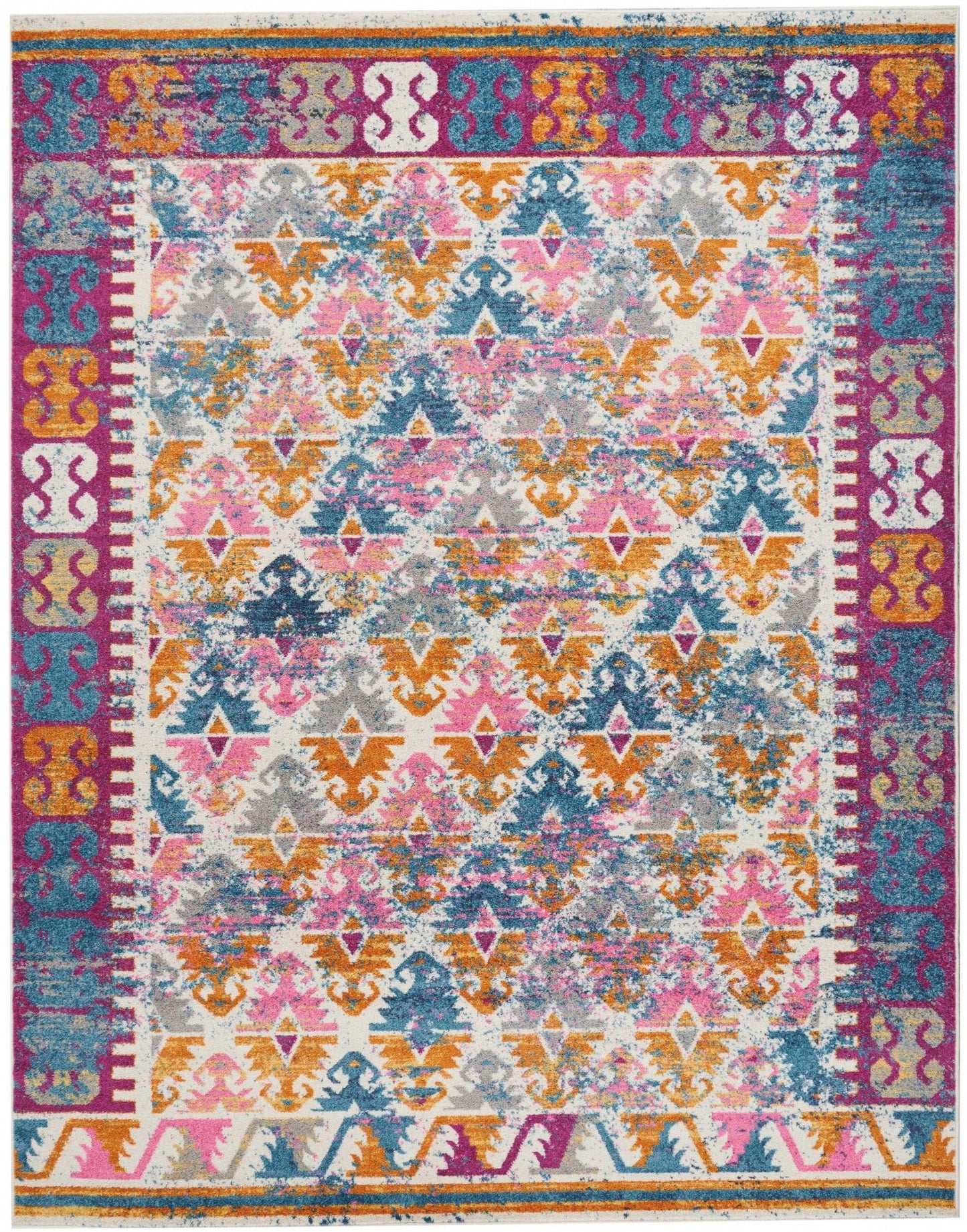 2’ X 6’ Ivory And Magenta Tribal Pattern Runner Rug