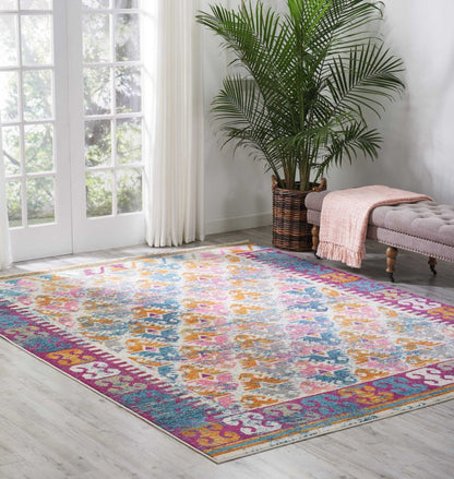 2’ X 6’ Ivory And Magenta Tribal Pattern Runner Rug