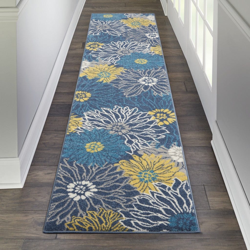 2’ X 10’ Blue Tropical Flower Runner Rug