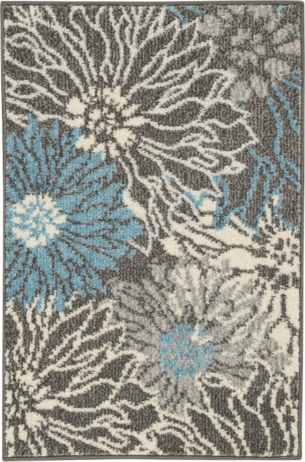 2’ X 3’ Charcoal And Blue Big Flower Scatter Rug