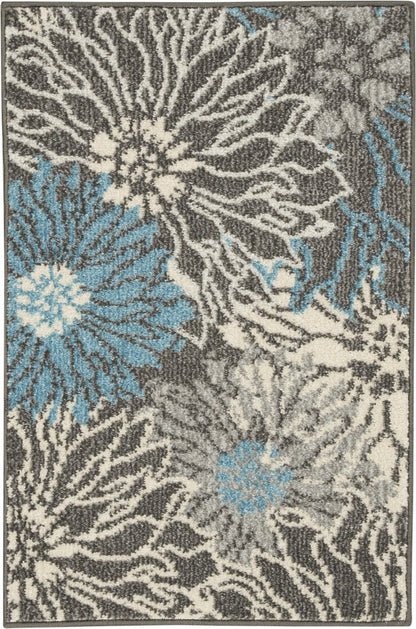 2’ X 3’ Charcoal And Blue Big Flower Scatter Rug