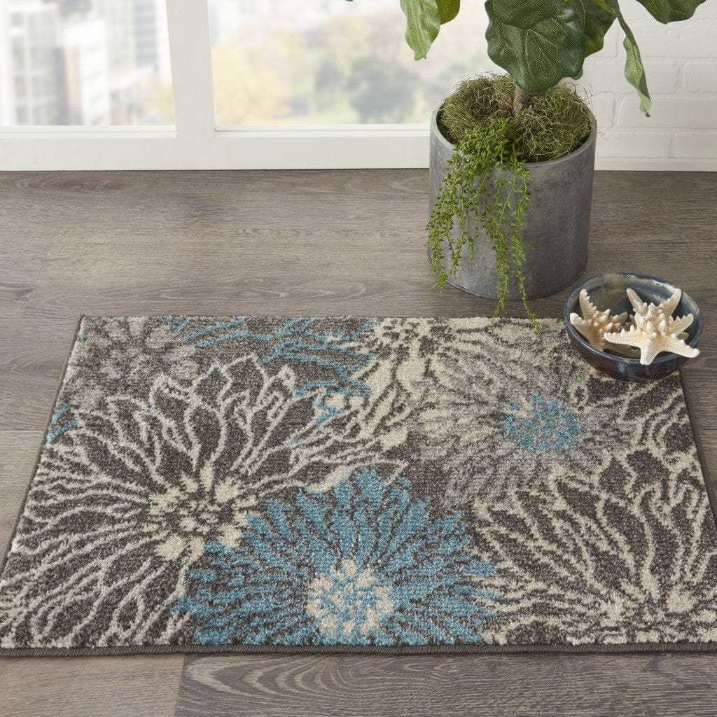 2’ X 3’ Charcoal And Blue Big Flower Scatter Rug
