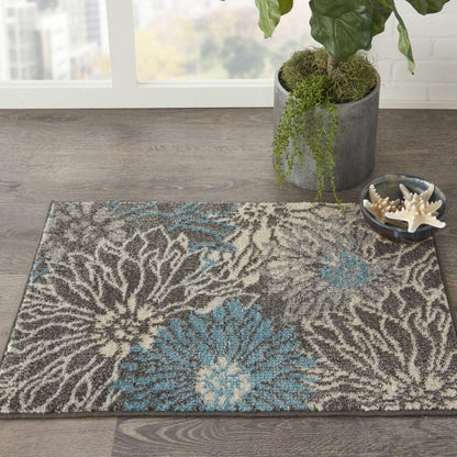 2’ X 3’ Charcoal And Blue Big Flower Scatter Rug