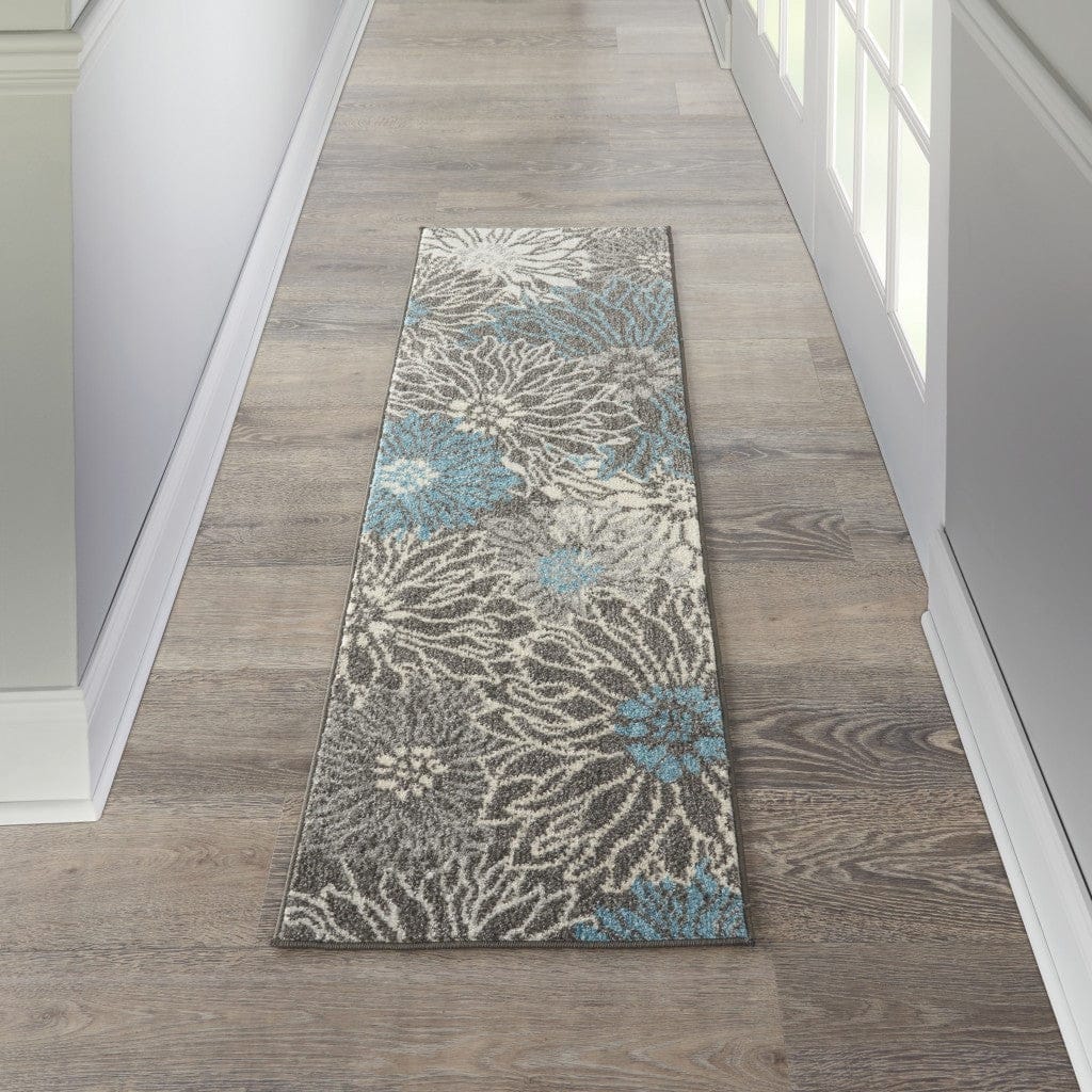 2’ X 3’ Charcoal And Blue Big Flower Scatter Rug