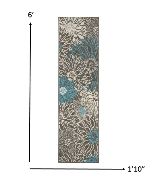 2’ X 3’ Charcoal And Blue Big Flower Scatter Rug