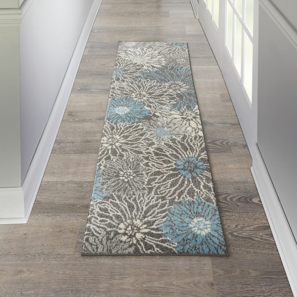 2’ X 3’ Charcoal And Blue Big Flower Scatter Rug