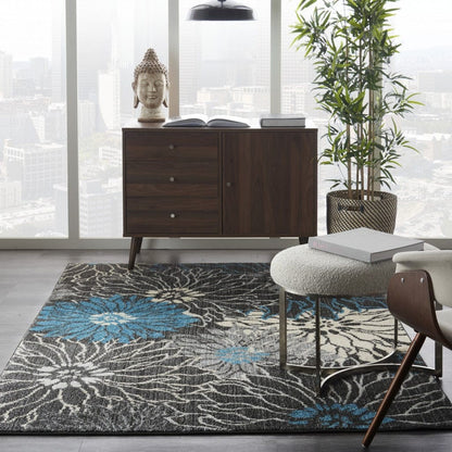 2’ X 3’ Charcoal And Blue Big Flower Scatter Rug