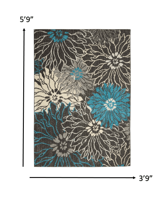 2’ X 3’ Charcoal And Blue Big Flower Scatter Rug