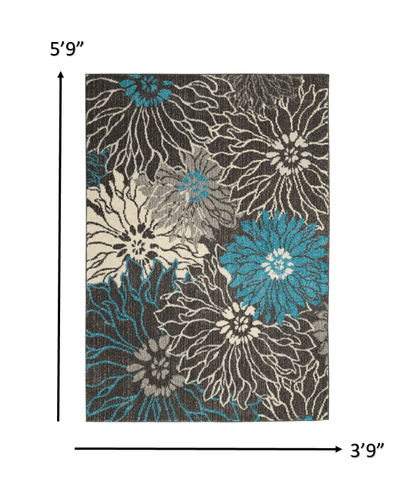 2’ X 3’ Charcoal And Blue Big Flower Scatter Rug
