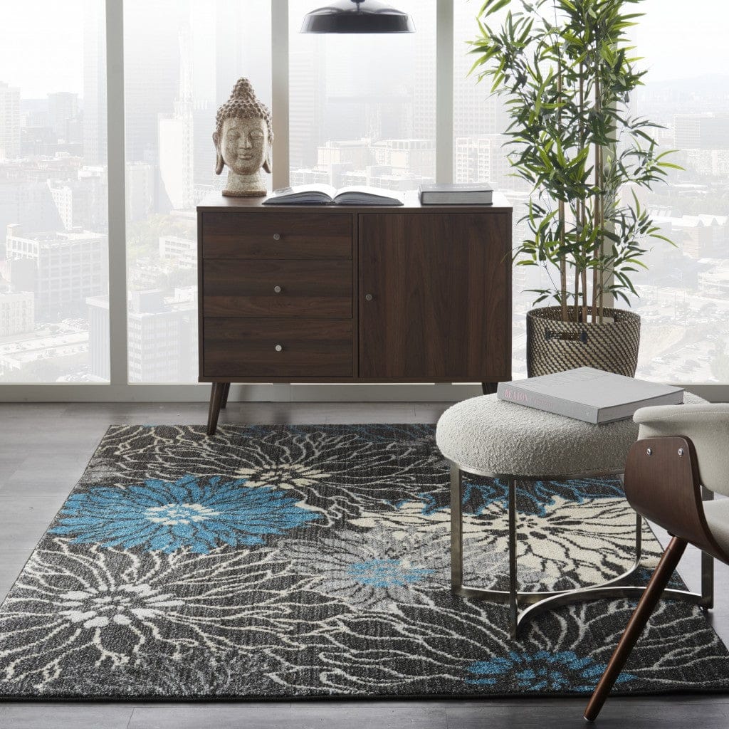 2’ X 3’ Charcoal And Blue Big Flower Scatter Rug